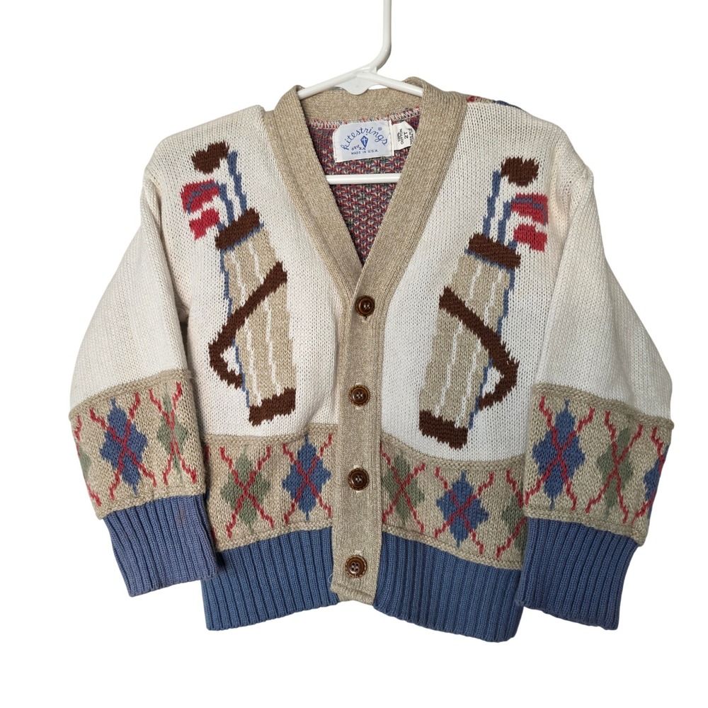 Kitestrings Cardigan Boy 2T White Golf Argyle Vintage Cotton Knit Sweater Preppy